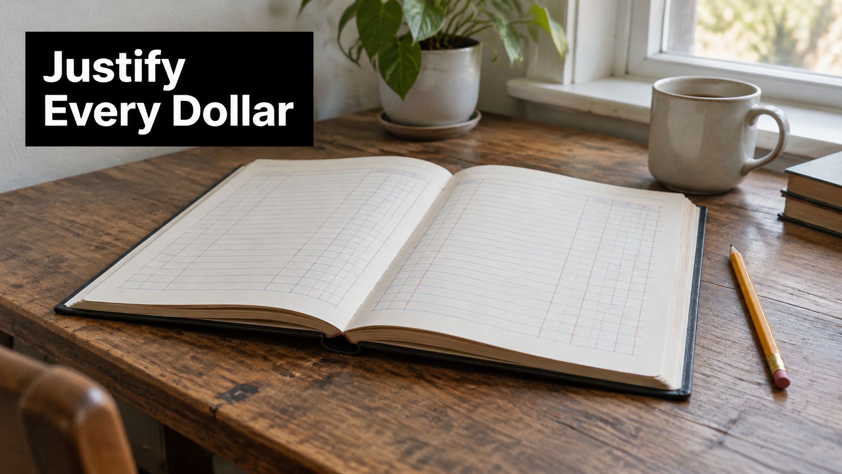 An open accounting ledger book on a rustic wooden desk with a coffee mug and pencil.