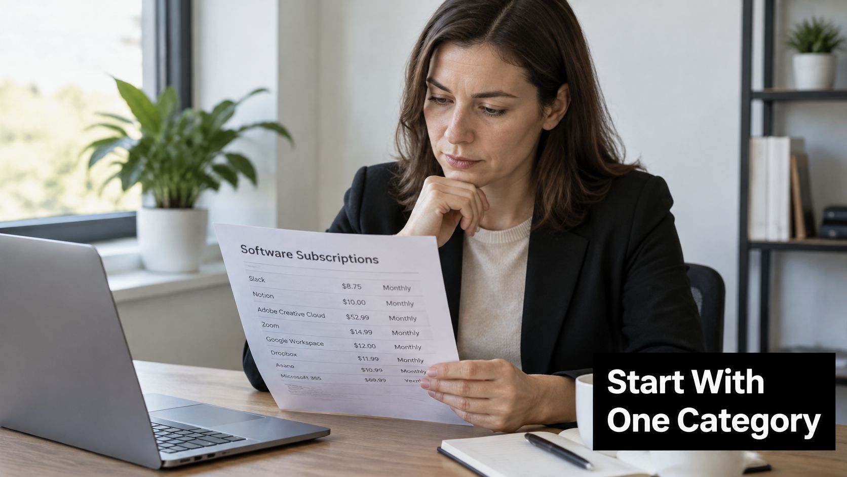 A professional woman reviewing a list of software subscription expenses at her desk in an office.