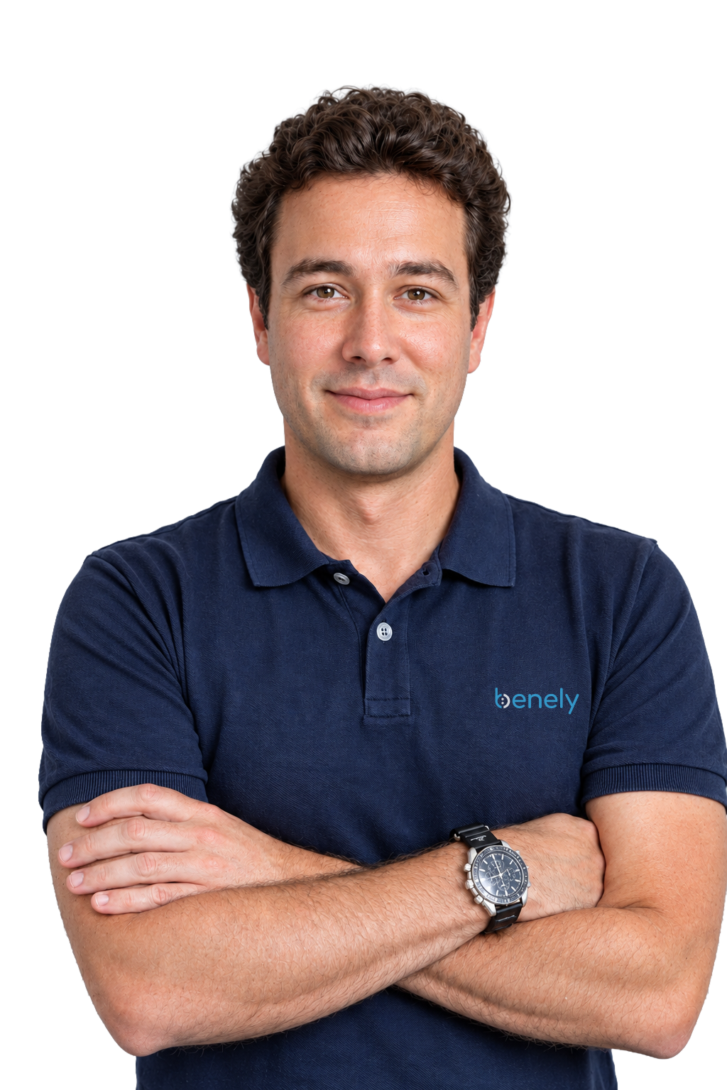 A smiling Benely benefits advisor in a navy Benely polo, arms folded