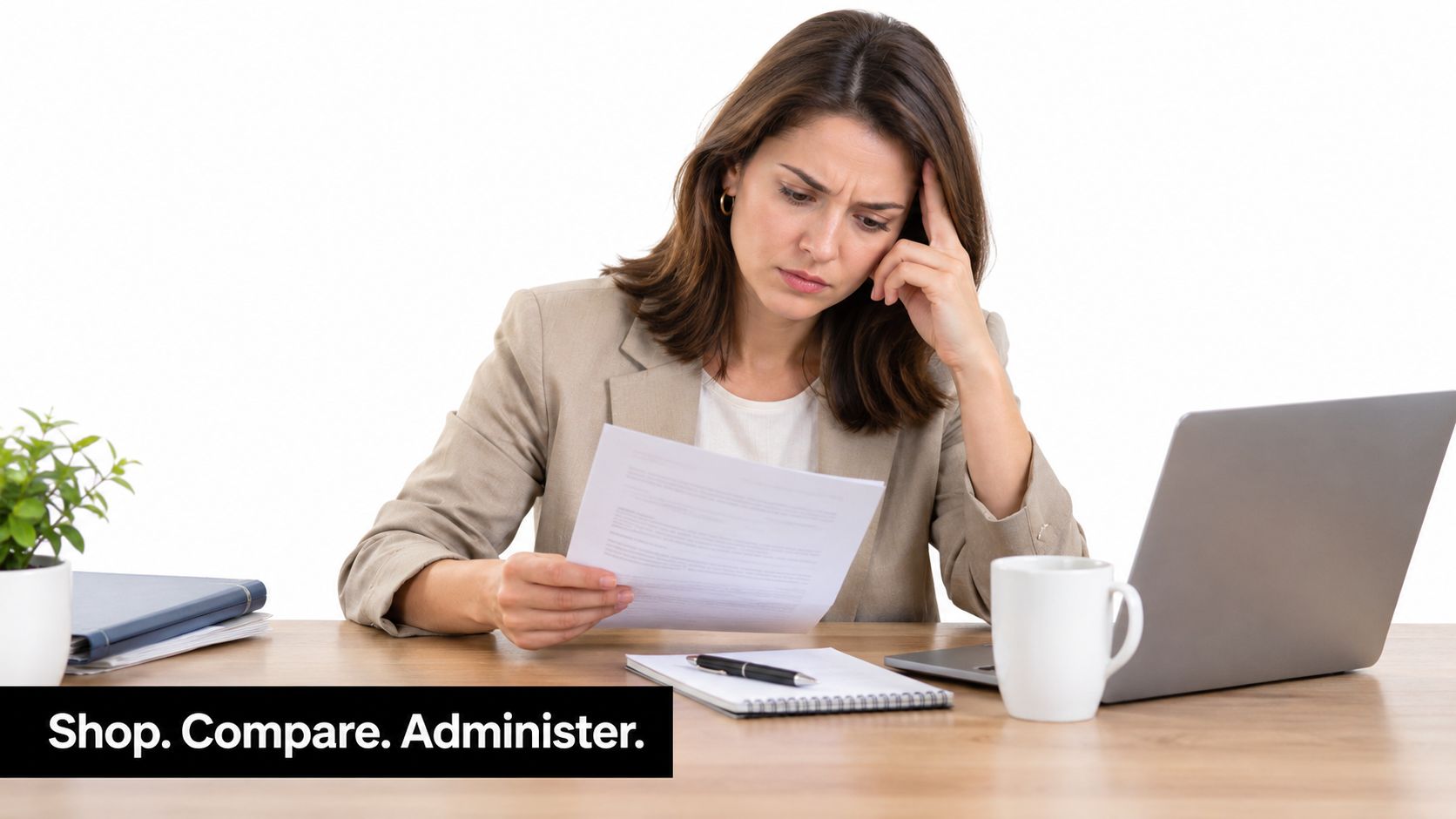 A professional woman in a blazer reviewing business documents while looking stressed at her office desk.