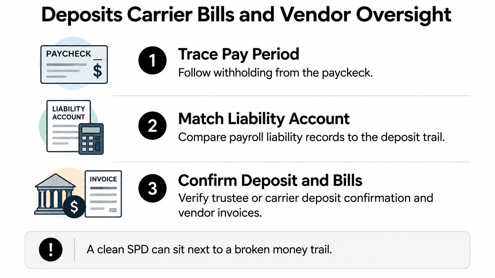 A three-step guide illustrating the process for auditing carrier bills and managing payroll liability oversight.