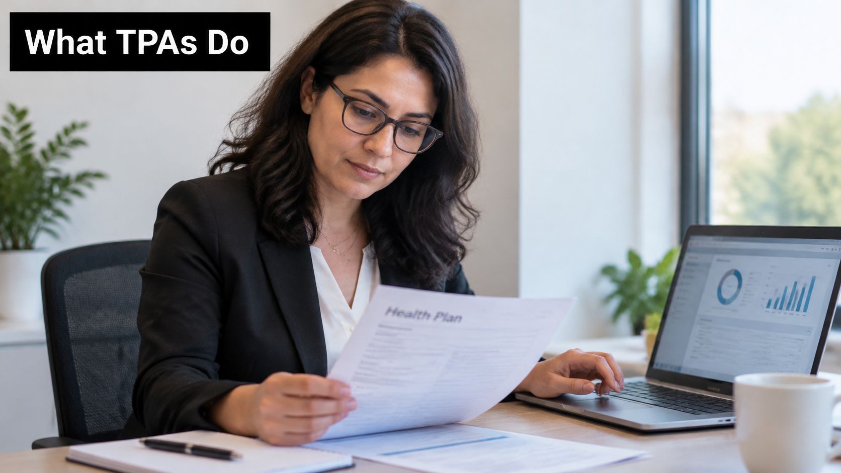 A professional woman in a business suit reviewing health plan documents while working at her desk.