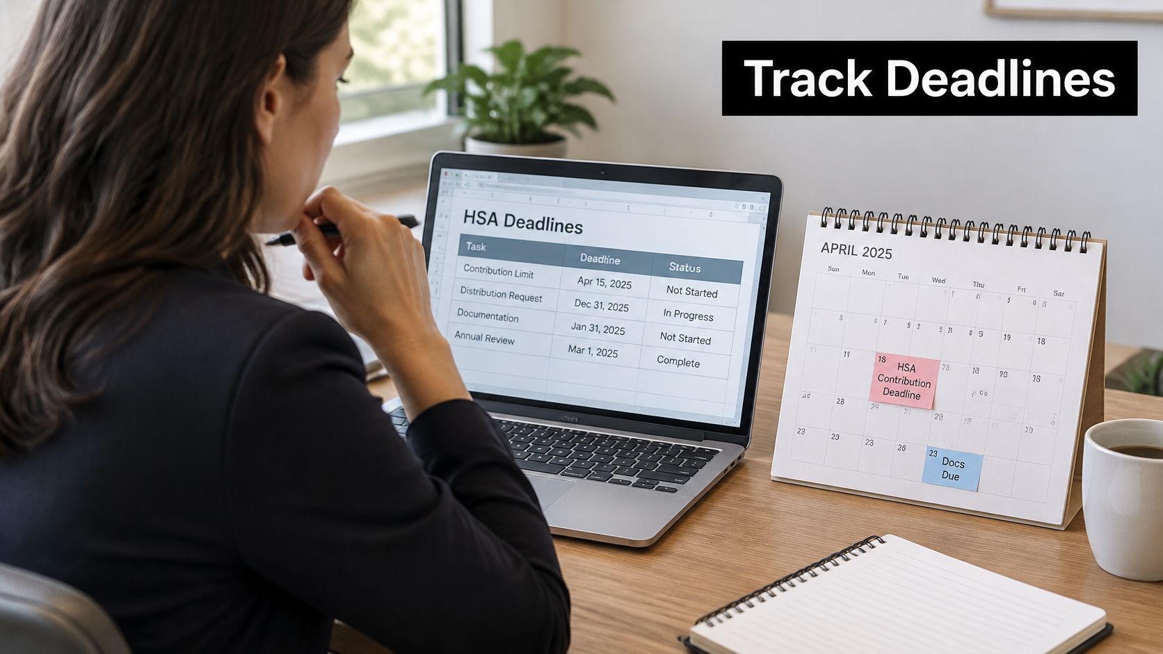 A professional woman viewing a digital spreadsheet of HSA deadlines on her laptop with a calendar nearby.