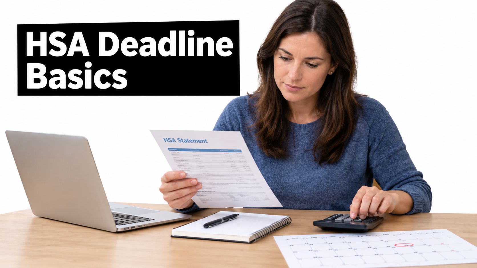 A woman reviewing her HSA statement while working at a desk with a laptop and a calendar.